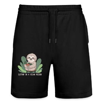 Sloth on a vegan mission with vegetable bowl - Stanley/Stella Trainer Unisex Organic Jogging Shorts - black - Front - Nik (191cm) & Marisol (170cm)