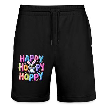 Happy Hoppy Hoppy - Stanley/Stella Trainer Unisex Organic Jogging Shorts - black - Front - Nik (191cm) & Marisol (170cm)