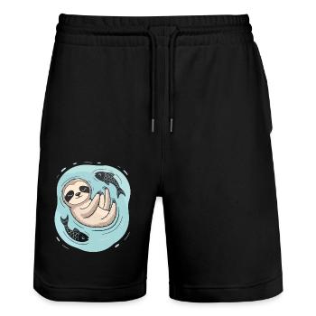 Dreaming Pisces-Zodiac Sloth with Fish - Stanley/Stella Trainer Unisex Organic Jogging Shorts - black - Front - Nik (191cm) & Marisol (170cm)