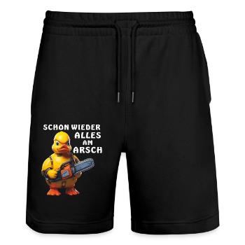 SCHON WIEDER ALLES AM ARSCH - Stanley/Stella Unisex Bio Joggingshorts Trainer  - Schwarz - Vorne - Nik (191cm) & Marisol (170cm)