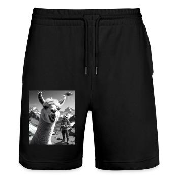 Lama macht ein Selfie in den Bergen mit Alien Ufo - Stanley/Stella Unisex Bio Joggingshorts Trainer  - Schwarz - Vorne - Nik (191cm) & Marisol (170cm)