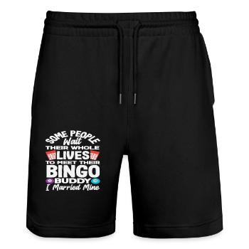 Joueur de bingo J’ai épousé le mien - Short de jogging bio TRAINER Stanley/Stella unisexe - noir - Devant - Nik (191cm) & Marisol (170cm)