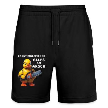 ENTE KETTENSÄGE ALLES AM ARSCH - Stanley/Stella Unisex Bio Joggingshorts Trainer  - Schwarz - Vorne - Nik (191cm) & Marisol (170cm)