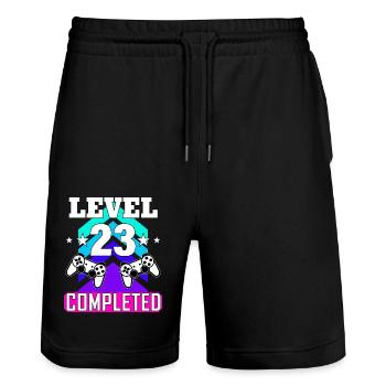 Gaming Birthday haha like lusti - Short de jogging bio TRAINER Stanley/Stella unisexe - noir - Devant - Nik (191cm) & Marisol (170cm)