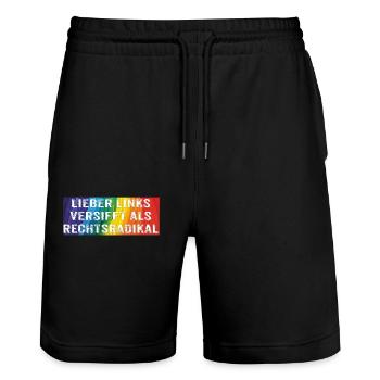LIEBER LINKS VERSIFFT ALS RECHTSRADIKAL - Stanley/Stella Unisex Bio Joggingshorts Trainer  - Schwarz - Vorne - Nik (191cm) & Marisol (170cm)