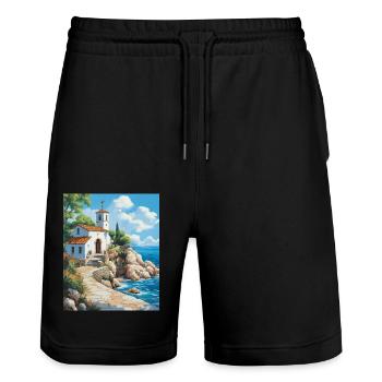 Christliche Kirche am Meer in Griechenland - Stanley/Stella Unisex Bio Joggingshorts Trainer  - Schwarz - Vorne - Nik (191cm) & Marisol (170cm)