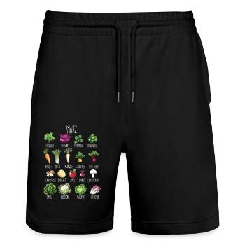 March Seasonal Vegetables and Fruits Collage - Stanley/Stella Trainer Unisex Organic Jogging Shorts - black - Front - Nik (191cm) & Marisol (170cm)