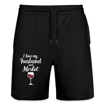 Husband Merlot Rotwein Liebhaberin - Stanley/Stella Unisex Bio Joggingshorts Trainer  - Schwarz - Vorne - Nik (191cm) & Marisol (170cm)