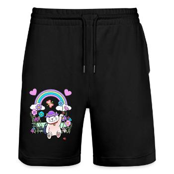 Chat, Chats, Printemps, Été, Enfants, Enfant - Short de jogging bio TRAINER Stanley/Stella unisexe - noir - Devant - Nik (191cm) & Marisol (170cm)
