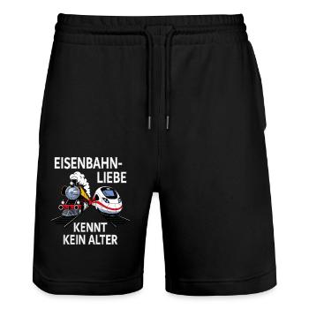 ZUG TRAIN EISENBAHNLIEBE KENNT KEIN ALTER - Stanley/Stella Unisex Bio Joggingshorts Trainer  - Schwarz - Vorne - Nik (191cm) & Marisol (170cm)