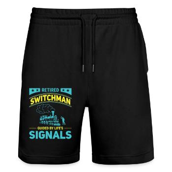 Eisenbahn Zugführer Rente Rentner Zug - Stanley/Stella Unisex Bio Joggingshorts Trainer  - Schwarz - Vorne - Nik (191cm) & Marisol (170cm)