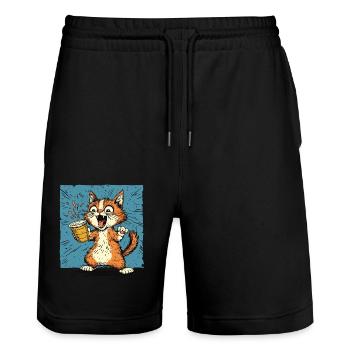Excited cat with coffee in comic style - Stanley/Stella Trainer Unisex Organic Jogging Shorts - black - Front - Nik (191cm) & Marisol (170cm)