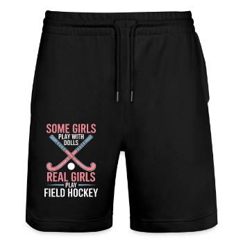 Field Hockey Saying Sports Funny Field Hockey Gift - Stanley/Stella Trainer Unisex Organic Jogging Shorts - black - Front - Nik (191cm) & Marisol (170cm)