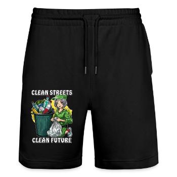 ABFALLEIMER CLEAN STREETS CLEAN FUTURE - Stanley/Stella Unisex Bio Joggingshorts Trainer  - Schwarz - Vorne - Nik (191cm) & Marisol (170cm)