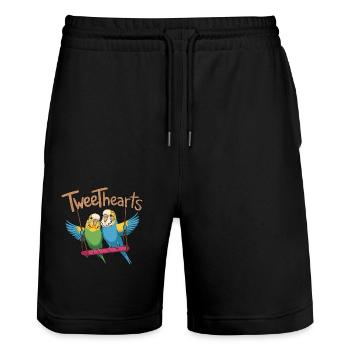 Zwei Wellensittiche Tweethearts Auf Schaukel - Stanley/Stella Unisex Bio Joggingshorts Trainer  - Schwarz - Vorne - Nik (191cm) & Marisol (170cm)
