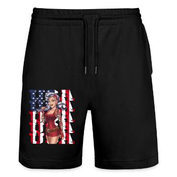 Retro Amerika Pin-up Stil mit USA Flagge und - Stanley/Stella Unisex Bio Joggingshorts Trainer  - Schwarz - Vorne - Nik (191cm) & Marisol (170cm)