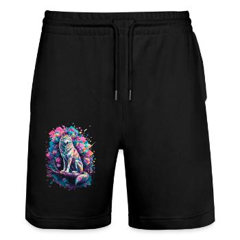 Farbiger Wolf Mit Blumen Und Geometrischen Formen - Stanley/Stella Unisex Bio Joggingshorts Trainer  - Schwarz - Vorne - Nik (191cm) & Marisol (170cm)