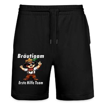 Bräutigam Erste Hilfe Team - Stanley/Stella Unisex Bio Joggingshorts Trainer  - Schwarz - Vorne - Nik (191cm) & Marisol (170cm)