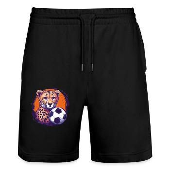 Cheetah with football - Stanley/Stella Trainer Unisex Organic Jogging Shorts - black - Front - Nik (191cm) & Marisol (170cm)