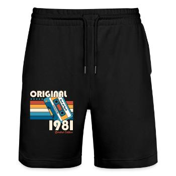 44th Birthday Cassette April 1981 - Stanley/Stella Trainer Unisex Organic Jogging Shorts - black - Front - Nik (191cm) & Marisol (170cm)