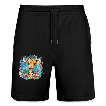 Cheerful giraffe with flowers - Stanley/Stella Trainer Unisex Organic Jogging Shorts - black - Front - Nik (191cm) & Marisol (170cm)