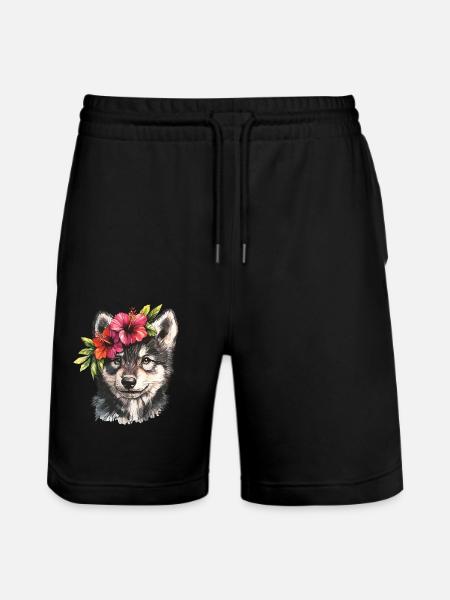 Husky with Hibiscus - Stanley/Stella Trainer Unisex Organic Jogging Shorts - black