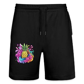 Ananas Farbexplosion - Stanley/Stella Unisex Bio Joggingshorts Trainer  - Schwarz - Vorne - Nik (191cm) & Marisol (170cm)