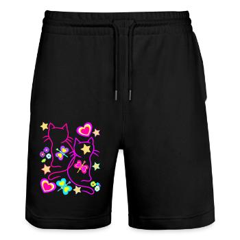 Katzen Katze Retro Vintage 80er 90er Kinder - Stanley/Stella Unisex Bio Joggingshorts Trainer  - Schwarz - Vorne - Nik (191cm) & Marisol (170cm)