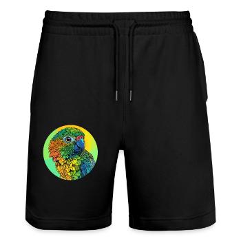 Bunter Papageienkopf - Stanley/Stella Unisex Bio Joggingshorts Trainer  - Schwarz - Vorne - Nik (191cm) & Marisol (170cm)