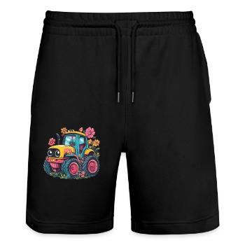 Fröhlicher Blumen-Traktor - Stanley/Stella Unisex Bio Joggingshorts Trainer  - Schwarz - Vorne - Nik (191cm) & Marisol (170cm)