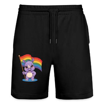 Cute rhinoceros with rainbow flag - Stanley/Stella Trainer Unisex Organic Jogging Shorts - black - Front - Nik (191cm) & Marisol (170cm)