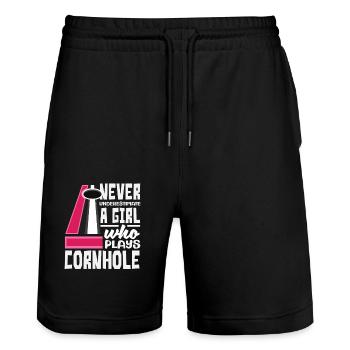 Ne sous-estimez jamais une joueuse de cornhole - Short de jogging bio TRAINER Stanley/Stella unisexe - noir - Devant - Nik (191cm) & Marisol (170cm)