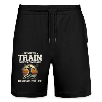 Les gagnants entraînent les perdants se plaignent. Handball pour la vie - Short de jogging bio TRAINER Stanley/Stella unisexe - noir - Devant - Nik (191cm) & Marisol (170cm)