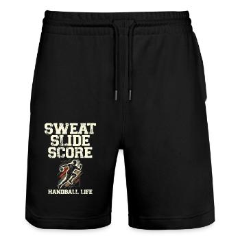 Sweat Slide Score Handball Leben Handball Sport - Stanley/Stella Unisex Bio Joggingshorts Trainer  - Schwarz - Vorne - Nik (191cm) & Marisol (170cm)