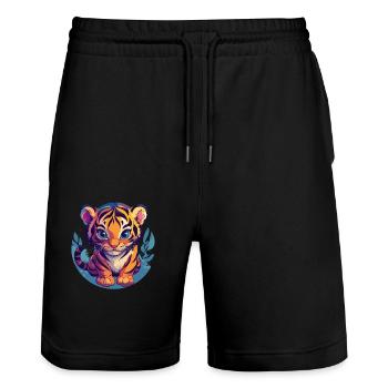 Cute tiger with big eyes - Stanley/Stella Trainer Unisex Organic Jogging Shorts - black - Front - Nik (191cm) & Marisol (170cm)