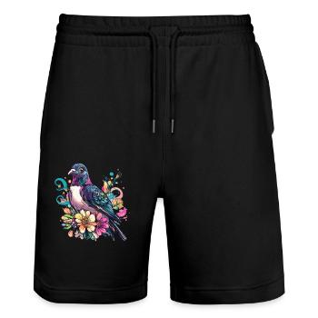 Farbenfrohe Taube mit Blumen - Stanley/Stella Unisex Bio Joggingshorts Trainer  - Schwarz - Vorne - Nik (191cm) & Marisol (170cm)