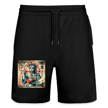 Ramen Statue of Liberty Grunge Poster Style - Stanley/Stella Trainer Unisex Organic Jogging Shorts - black - Front - Nik (191cm) & Marisol (170cm)