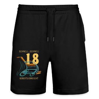 GEHHILFE SCHNELL...SCHNELL 18 BEREITS ERREICHT - Stanley/Stella Unisex Bio Joggingshorts Trainer  - Schwarz - Vorne - Nik (191cm) & Marisol (170cm)