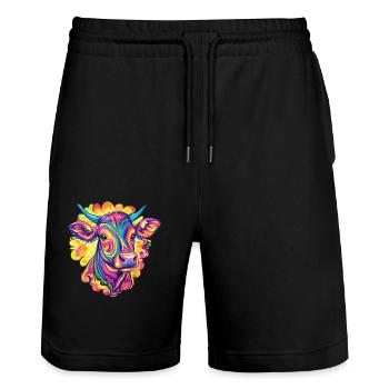 Bunte Kuh im Farbwirbel - Stanley/Stella Unisex Bio Joggingshorts Trainer  - Schwarz - Vorne - Nik (191cm) & Marisol (170cm)
