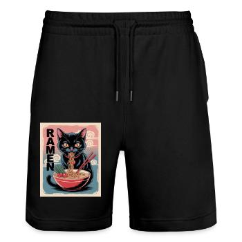 Ramen cat in Japanese style - Stanley/Stella Trainer Unisex Organic Jogging Shorts - black - Front - Nik (191cm) & Marisol (170cm)