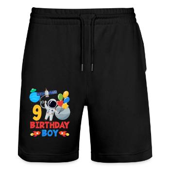 9 Birthday Boy Astronaut Balloon Space - Stanley/Stella Trainer Unisex Organic Jogging Shorts - black - Front - Nik (191cm) & Marisol (170cm)