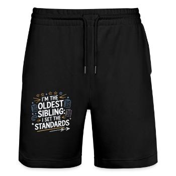 Funny Oldest Sibling Kid Tee I Set the Standards - Stanley/Stella Trainer Unisex Organic Jogging Shorts - black - Front - Nik (191cm) & Marisol (170cm)