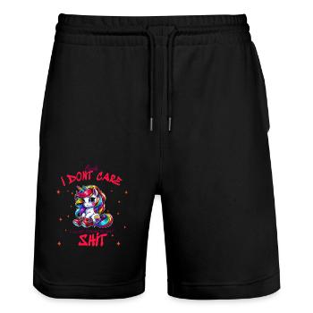 I Don’t Care Einhorn Statement design - Stanley/Stella Unisex Bio Joggingshorts Trainer  - Schwarz - Vorne - Nik (191cm) & Marisol (170cm)