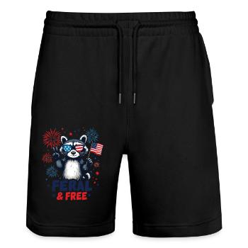 Waschbär Wild & Frei Rot Weiß Wild 4. Juli - Stanley/Stella Unisex Bio Joggingshorts Trainer  - Schwarz - Vorne - Nik (191cm) & Marisol (170cm)