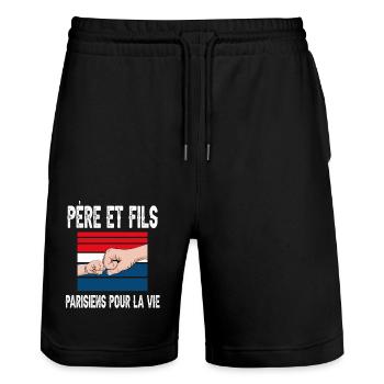 père et fils papa paris parisien fête des pères - Short de jogging bio TRAINER Stanley/Stella unisexe - noir - Devant - Nik (191cm) & Marisol (170cm)