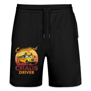 School bus CERIFIED CHAOS DRIVER - Stanley/Stella Trainer Unisex Organic Jogging Shorts - black - Front - Nik (191cm) & Marisol (170cm)