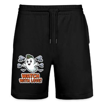 WATCH WITH LOVE - Stanley/Stella Trainer Unisex Organic Jogging Shorts - black - Front - Nik (191cm) & Marisol (170cm)