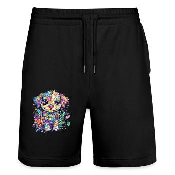 Colorful fantasy dog with flowers - Stanley/Stella Trainer Unisex Organic Jogging Shorts - black - Front - Nik (191cm) & Marisol (170cm)
