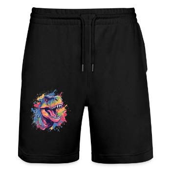 Bunter Dino im Farbchaos - Stanley/Stella Unisex Bio Joggingshorts Trainer  - Schwarz - Vorne - Nik (191cm) & Marisol (170cm)