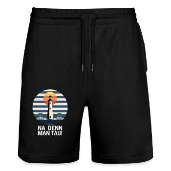 Na Denn Man Tau Leuchtturm Sonnenuntergang Maritim - Stanley/Stella Unisex Bio Joggingshorts Trainer  - Schwarz - Vorne - Nik (191cm) & Marisol (170cm)
